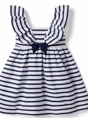 Janie and Jack Navy and White Striped Ruffle Shoulder Dress